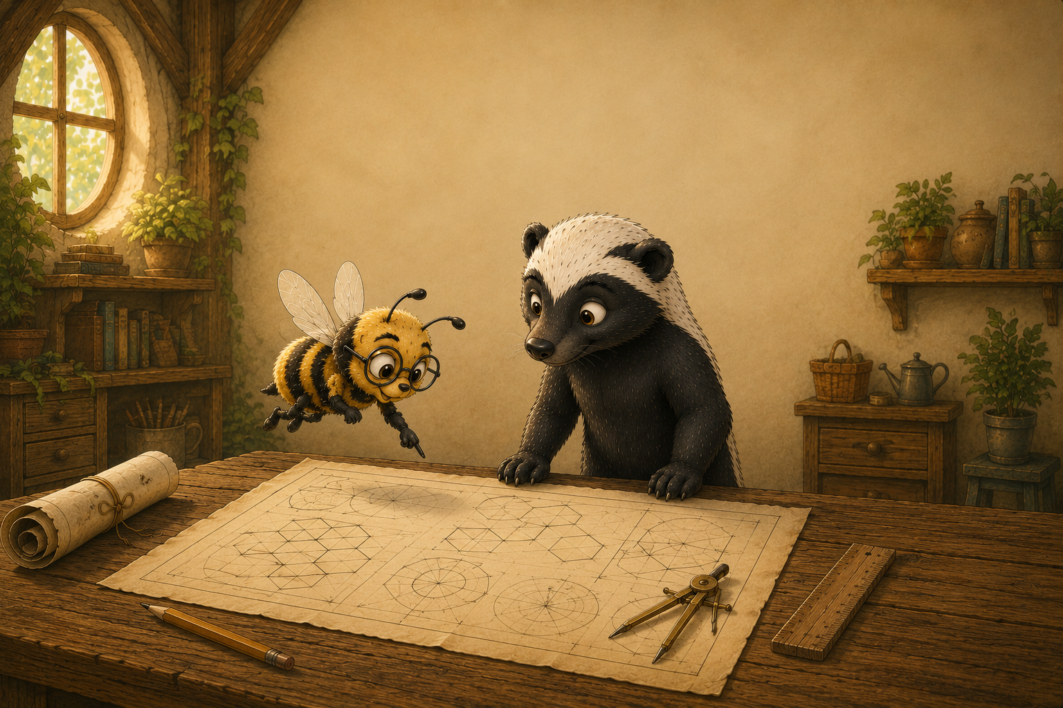 Dot and Tucker reviewing a blueprint together in their woodland workshop.
